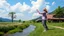 Placeholder: beautiful yaung german blonde lady in pants and shirt is dancing and singing in country side next to narrow river ,flowers blosome pretty clouds in blue sky ,few nice trees and country houses