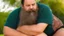 Placeholder: close up photography of a chubby sensual bearded marocan burly ugly stocky 65 years old , relaxing on the grass , in a garden, sunlight, manly chest with tank top, short pants, open legs, photorealistic, side view, ambient occlusion