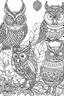 Placeholder: A cute peaceful forest with wise owls and calming patterns, Coloring page for kids, cartoon style, thick outline, low details, no shading, no color