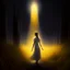 Placeholder: High concept art, impressionist, by Zdzislaw Beksinaki and Anton Semenov, digital illustration, in an empty field at midnight woman in dirty white smock levitating caught in a cone of yellow bright light, back arched arms behind her being pulled upwards, sinister, concept art, oddball masterpiece, sfumato, complex contrast