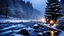 Placeholder: fir forrest scenery, heavy mist,mist shadows,valley,creek,forest,christmas lanterns,tree,,nature,night,snow,fir tree,high-quality photograph