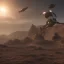 Placeholder: Armored Core machine robot fight another Armored Core fly in the sky in the desert with beside the ocean where you can see the space in the sky with twilight on the horizon, 4k resolution