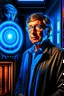 Placeholder: bill gates with a patent in the style of giger, spray paint, photo realism, trending on art station, 8k, depth of field, down light, light rays, volumetric, white hall in spaceship, blue, brown and orange