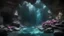 Placeholder: Photoreal magnificent magical view of a deep dark underwater cavern, dimly lit by glass fluorescent glass ceiling glass roses on the ceiling, magical vapor hangs in the air, a pile of stone rubble against the cave wall by lee jeffries, otherworldly creature, in the style of fantasy movies, photorealistic, bokeh masterpiece smooth shading, ultra detailed, high resolution, cinematic, unreal 6, subtle shadows, octane render, 8k, cinema 4d, HDR, dust effect, vivid colors