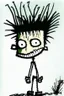 Placeholder: 2d drawing of a stickman, cool with punk hair, x eyes like in hangman, standing, back view, slightly bended over and looking back into the camera, smiling,close-up ,3d realistic in colour