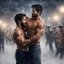 Placeholder: Hyper realistic shirtless muscular shahid kapoor hugging Mark Wahlberg at snowfall night