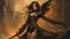 Placeholder: biomechanical women, beautiful, steampunk, dusty brunette, long square, large steampunk black wings, sword, steam, dynamic pose, rain, wind, ashes, flashes of fiery threads, steam engine, caves with rusty pipes on the background, dark world, sketch art, fine lines, grunge, sensual, darkness, dark colors, by Raymond Swanland & Alyssa Monks & Anna Razumovskaya & Benedick Bana