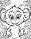 Placeholder: create a 2d black outline, "safari smiling cartoon baby monkey coloring book for toddlers", coloring page, low details design, black contour, coloring page design, simple background, colorful , card style, coloring page for kids, white background, sketch style, safari landscape, cartoon style