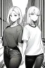 Placeholder: two girls dressed in jeans and a T-shirt walk in the city, line arts, greyscale