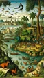 Placeholder: Bosch paint style nightmare, a city with green date palms trees and river and birds and boats and animals