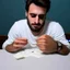 Placeholder: A man sniffing cocaine through rolled dollar paper, cocaine is on table, Close-up to action