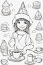 Placeholder: A little girl with a triangular party hat, enjoying a tea party with geometrically shaped cookies and cups. Use triangles for the hat, cookies, and other party decorations. very happy , Colloring page for todlliers ; basic hawali style cartoon , black and white , ink outlines , , smooth , anime style , minimalist , cute eyes , full body , white shose , sketchbook , realistic sketch , free lines , on paper , character sheet , clean line art high detailed