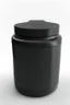 Placeholder: black container, plastic, realism, with screw lid, no labels, round container, view from the front, protein powder