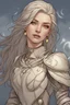 Placeholder: Generate a dungeons and dragons character portrait of a Female Aasimar. Her eyes are silver. Her Hair is white. Her Skin is a hazel complexion with a subtle, golden sheen. She is in camp surrounded by soft moonlight.