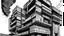 Placeholder: Brutalist architectural masterpiece, its rigid geometric forms enhanced by the patterns created by rainfall cascading down its weathered, monochromatic facade, draw art style influenced by japanese artists, niji, black outlines