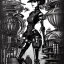 Placeholder: great illustrator, spanish, pencil sketch of a cute girl, beautiful, steampunk syle, black and white. Helmet with tubes. venetian mask. Machinery in the background. robotic birds flying. High details.