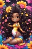 Placeholder: A sassy thick-lined airbrushed cartoon black chibi girl lounging lazily on her side, surrounded by colorful flower petals. She has a golden lion tail curling playfully behind her curvy body. Looking up coyly, she grins widely, showing teeth. Her poofy hair forms a mane framing her confident, regal expression.