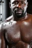 Placeholder: close up 48 years old nigerian carpenter man hands behind the head , in an abandoned warehouse, serious, bearded burly chubby , serious eyes, under the shower, wet, dripping water, manly torso, photorealistic, 50mm photo, ambient occlusion , side view from the ground