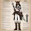 Placeholder: character concept sheet with AD&D statistics and characteristics, [illustration by Kevin Eastman and Peter Laird] she is a ranger: her totem is a deer like a second skin of dark magic. Clad in a white tunic, brown pants, and a leather belt with mysterious pouches, her silver dagger in hand.