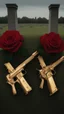 Placeholder: two golden guns above a grave in a field full of red roses.cinematic