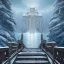 Placeholder: fantasy art, book illustration, wolf wizard,up the stairs of a bridge or dam ,icy water, on the bridge,seen from the tree tops