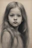 Placeholder: A little girl with long hair, charcoal sketch on toned paper -- hints of red