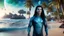 Placeholder: beautiful gorgeous young man na'vi with long hair, Avatar, blue skin, two small ears, green eyes, black hair, in cosmic suit, galactic ambiance, smiling, with spaceship and planets and palm trees and clear crystaline cosmic beach in background