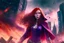 Placeholder: Wanda Maximoff, mulher, cabelos ruivos, olhos vermelhos, corpo inteiro, fundo cidade destruída, cores brilhantes, de lado destruindo algo com sua magia vermelha, traje da feiticeira escarlate, dramatico, 4k render, imagem cinematográfica. Cores frias,