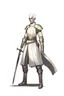 Placeholder: full length, tall, 22-year old, shaven head, nordic looking grey-eyed female human cleric healer wearing scale mail