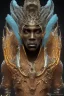 Placeholder: black male African Egyptian alien, cracks in the voodoo head, wicked, diamond eyes, crown, blood, 8k, finely detailed, photo realistic, leopard robe turquoise skull head gold dragon space alien rain skeleton gold teeth silver crown silver space suit spaceships