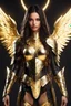 Placeholder: Excellent Realistic Gorgeous Photography elegant Beautiful Girl as Angel Warrior golden armor character with long hair, layered dark hair adorned with an advanced UI accessories. playful body manipulations, divine proportion, non-douche smile, gaze into the camera, holographic shimmer, She wears a futuristic yet simple black outfit with gold and red symbolic patterns, featuring a wide neckline and a cinched waist tied with a red obi belt. Accompanying her is a majestic mech-dragon swirling aroun