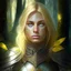 Placeholder: A blond knight woman mysterious, beautiful, with slightly hazel eyes, and possesses the element of forest