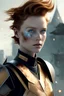 Placeholder: ultrarealistic, ruined city,__sci-fi armor__, __angles__, 18 year old woman, strikingly beautiful, ginger hair, _colour_, [__starlets__|__starlets__], (pale __skincolor__ skin:1.2), __camera__, _hair_, detailed face and eyes, medium breasts, leather choker, freckles, dynamic pose, resolved expression, __accessory__, strappy outfit, (straps:1.1), sword in scabard on left hip, (buckles, buttons, snaps, rings:1.0), haltertop style breastplate, detailed eyes, plump lips, sci-fi theme