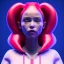 Placeholder: Spanish woman, rounded face, purpurin made up, red, blue, pink, inflatable sweatshirt, feathers, latex, leather, soft color, highly detailed, art stations, concept art, smooth, unreal engine 5, god rays, ray tracing, RTX, lumen lighting, ultra detail, volumetric lighting, 3d, finely drawn, high definition, high resolution, neon background.