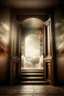 Placeholder: magic doorways. behind first door glass glossy staircase made of clouds leads up to the heaven. behind second door staircase made of stone leads down to the hell