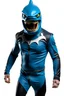 Placeholder: Surfsharks superhero costume combines a black, form-fitting bodysuit with a deep ocean-blue wetsuit-style jacket, featuring shark fin-like shoulder embellishments. White shark tooth designs adorn the arms and legs. His cowl resembles a shark's head, with a dark visor revealing his piercing brown eyes, there is a shark fin ontop of his helmet and on his back. The chest emblem is a stylized shark with dorsal fins reminiscent of Batman's bat symbol