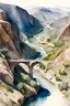 Placeholder: Aerial view of Raino Spain's rugged mountain and river and bridge landscape in watercolor