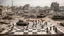 Placeholder: Israeli soldiers and tanks stand on a very large chessboard in the middle of a destroyed city