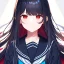 Placeholder: Clear focus, High resolution, long black fluffy hair, red eyes, chopped bangs, wearing a sailor uniform, wearing a sailor skirt, colorful, hollywood, female, no outlines, extreme close up