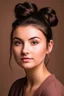 Placeholder: Beautiful young woman in her early twenties with dark hair worn up in a bun, brown eyes, and soft features