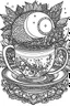 Placeholder: Outline art for coloring page, AVANT GARDE DRAWING TEACUP SET ON THE MOON, coloring page, white background, Sketch style, only use outline, clean line art, white background, no shadows, no shading, no color, clear