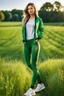 Placeholder: fullbody shot of young-beautiful-girl-with-a-perfect-face wearing sport pants and sport blouse and sport jacket and shoes standing in country side green field day lights