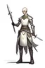 Placeholder: full length, tall 22-year old, shaved head, grey-eyed female cleric with wearing scale mail with a sickle