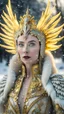 Placeholder: half body wide angle RAW photo, ice queen queen wearing luxurious and ornate gold clothing, fully covered, opals and floral embellishments, fractal wing texture, winter landscape in the background, beautiful face, high detailed skin, snow, ice, 8k uhd, dslr, soft lighting, high quality, film grain