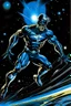 Placeholder: outer space background -- running --art style of neal adams -- an extremely muscular man wearing a black, bandit eye mask, a black, skintight, formfitting cowl, a black, skintight, formfitting kevlar bodysuit, black gloves, silver wrist gauntlets, silver belt, silver knee-high boots, silver lightning emblem on the chest, with cobalt blue eyes, a mustache and goatee, fire, lightning, wind, rain, volcanic lava, fireworks, explosions, multicolored neon lights