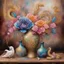 Placeholder: big chinese mingvase, bouguet of flowers and swanfeathers , placed on a chinese wooden table with dragon carvings, Style alcohol ink. various color definitions, flowy swirls, golden lines, 3D, alcohol ink effects, sprinkle glitter, pearls, beads.