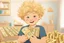 Placeholder: a curly-haired blond boy counts money and stacks gold coins in a modern nursery, in sunshine