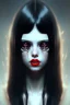 Placeholder: girl, cute, beautiful, white eyes, red lips, black hair with bangs, goth, close up portrait by Greg Rutkowski