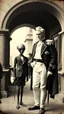 Placeholder: An old picture style of white and brown and very bad quality old camera with cracks of Napoleon standing with an Alien who is wearing a suit, the year 1900