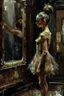 Placeholder: a beautiful ballerina, in a studio, Infront of a mirror, side profile with eyes looking slightly Down, her reflection in the mirror is however looking straight back at her and not looking down, scary, dark undertone, 12k, detailed painting, thick impasto and textures with rough brush strokes, chaos background with cracked paint, peeling off